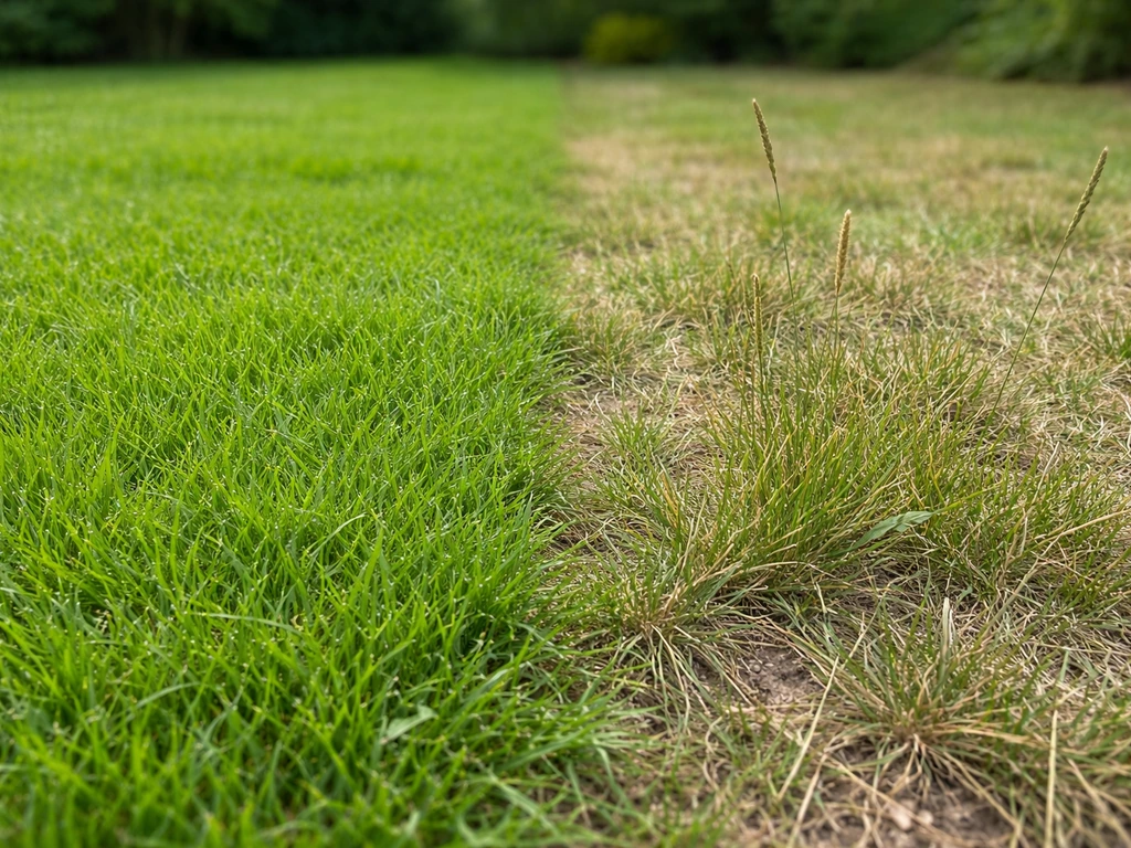 Links dicht en groen gras, rechts schaarser en droog gras met aren/zaadpluimen in het gazon.