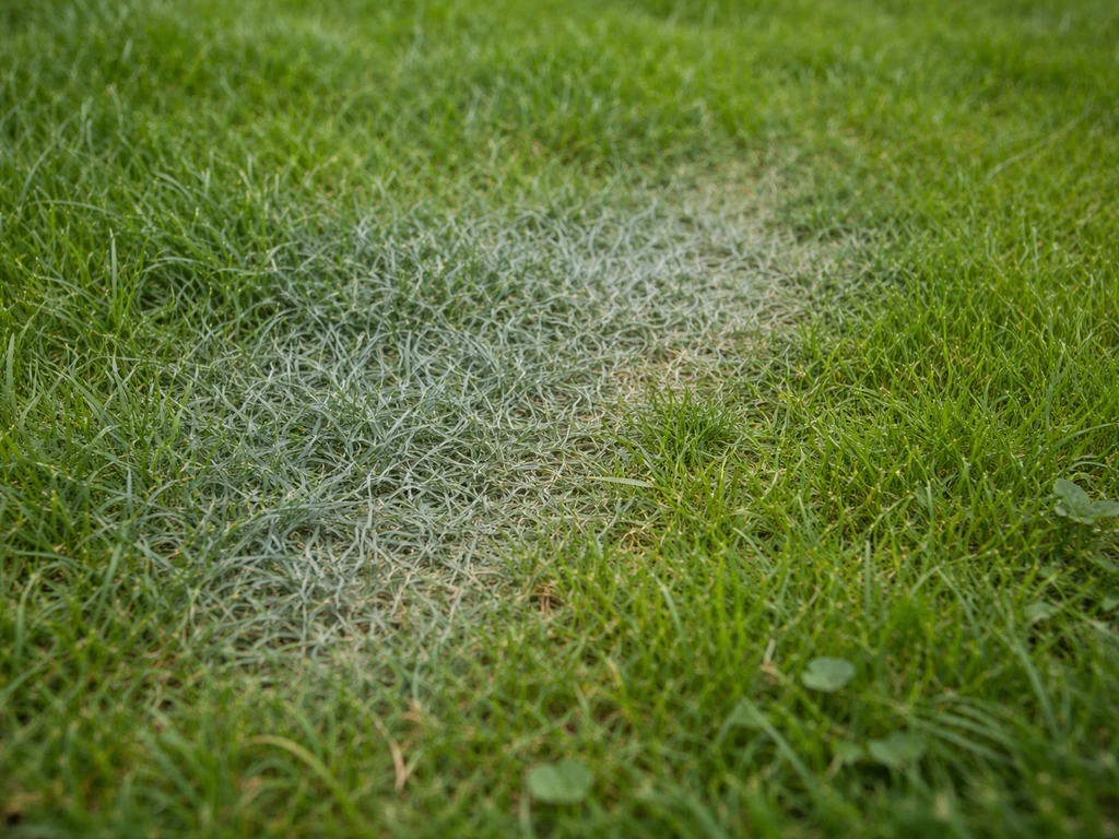 Close-up van een gazon met een blauwgrijze waas op het gras tegenover normaal groen eromheen