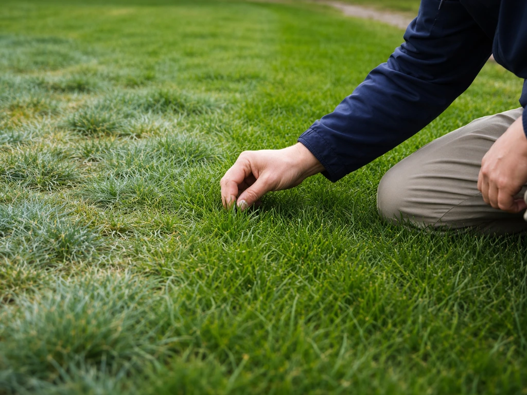 Tuinman die knielt bij een gazonplek met blauwgroene vlekken naast een egale groenstrook; close-up checkmoment.