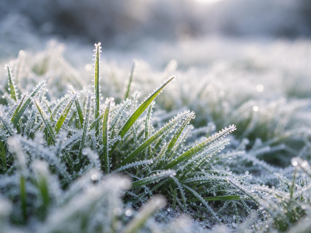 Rijp met glanzende fijne ijskristallen op groen gras bij zonsopkomst, zacht en later weer verdwijnend effect.