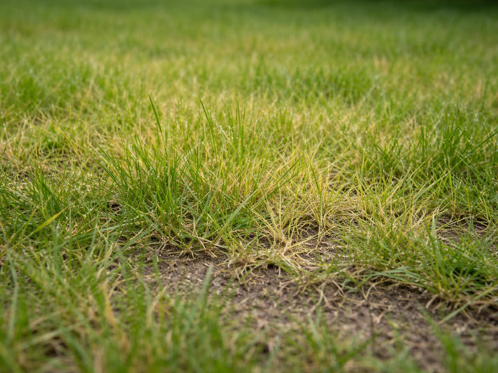 Close-up van bleek- en geelgroene grassprieten met ongelijk kleurverloop in het gazon.