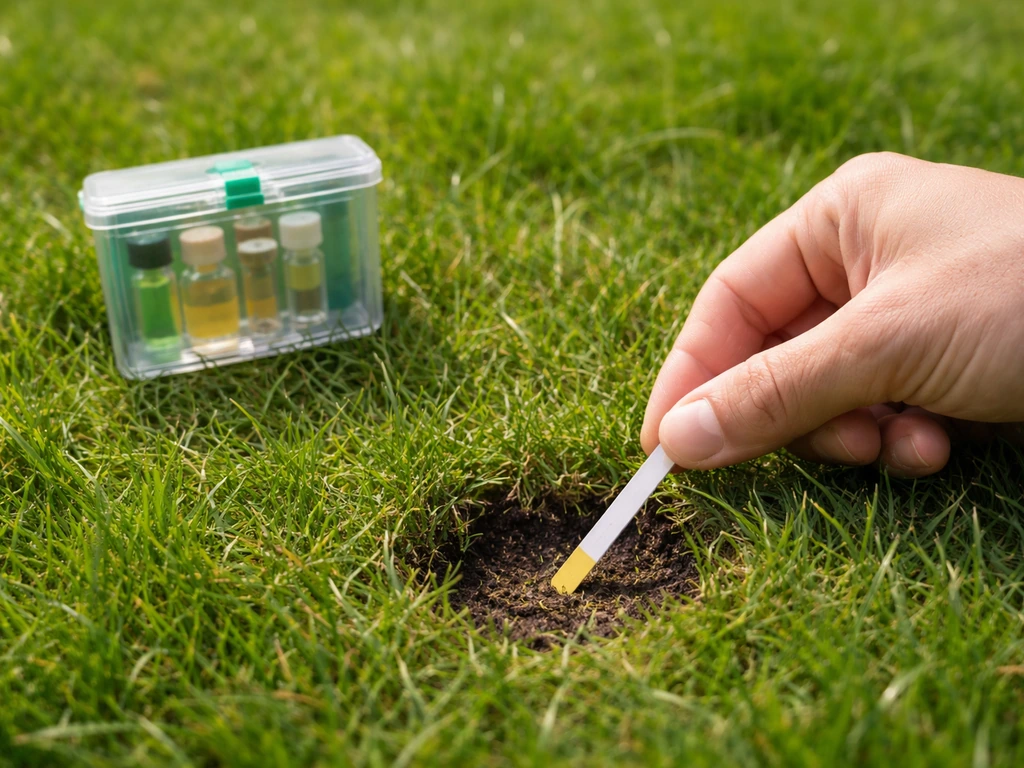 Hand met pH-teststrip en kleine bodemtestkit op een gazon, met eenvoudige meetopstelling in de buurt.