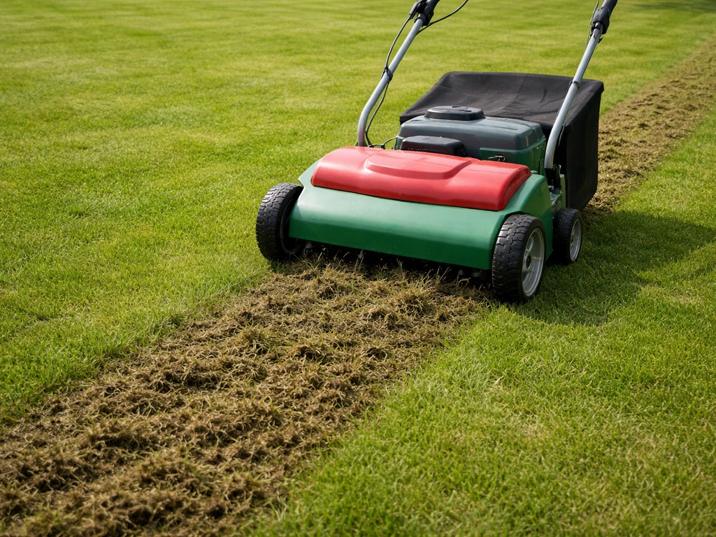 Groene gazonstroken met verticutermachine die in de grasmat snijdt en vilt/mos losmaakt