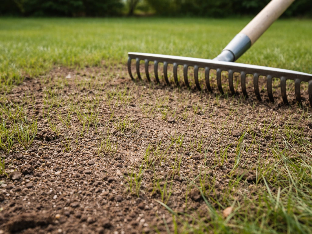 Close-up van een ingeharkte, net doorgezaaide kale gazonplek met verse grassprieten en topdressing