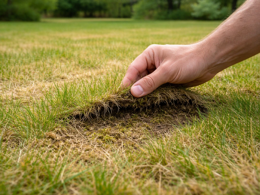 Gazoneigenaar die in een lichtgeel gazon met de hand de grond en verkleuring checkt