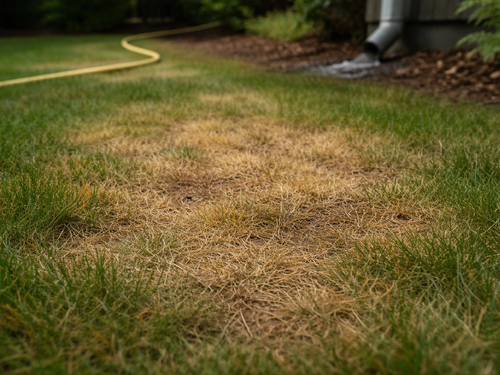 Gazonstrook met vergeelde, verdroogde plekken; irrigatieslang en regenpijp op de achtergrond