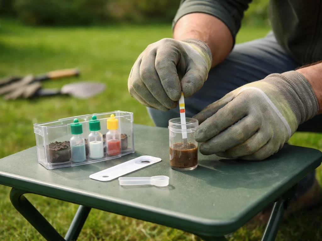 Tuinier onderzoekt grondmonster van gazon met bodemtestkit en meetstrook aan tafel in de buitenlucht.