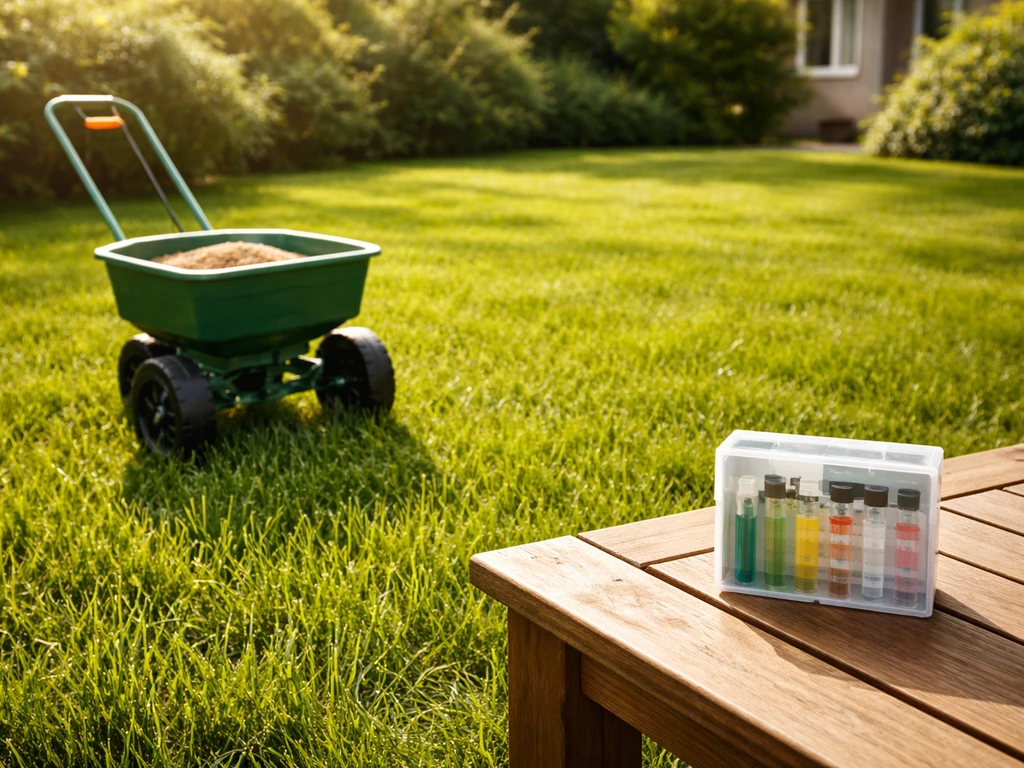 Gelijkmatig hersteld gazon met strooier voor gazonmest en een pH-testset op een tuintafel