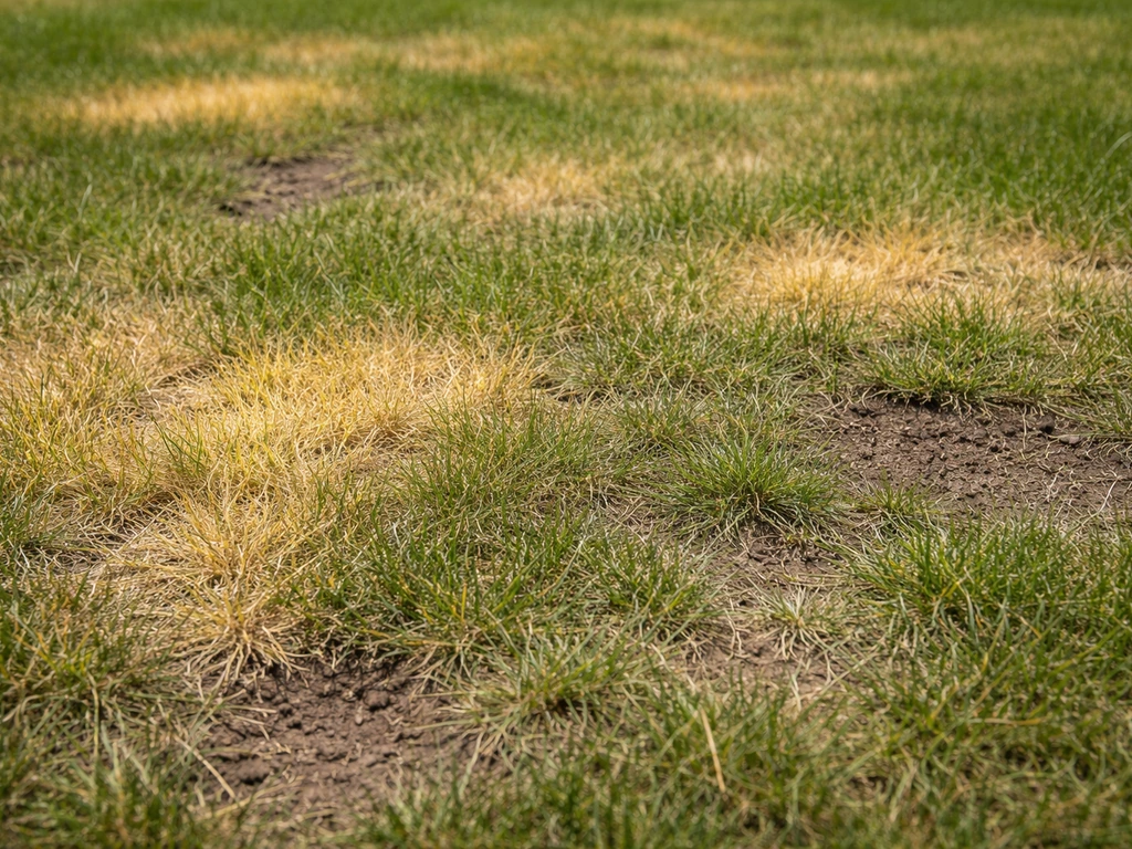 Vergeeld gazon met kale plekken en dunne, grijzige grassprieten in een eenvoudige tuinsetting.