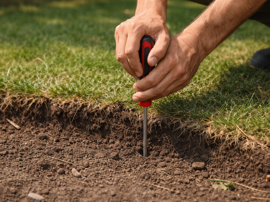 Anonieme handen steken een schroevendraaier in de droge tuinbodem voor de prikteller-test.