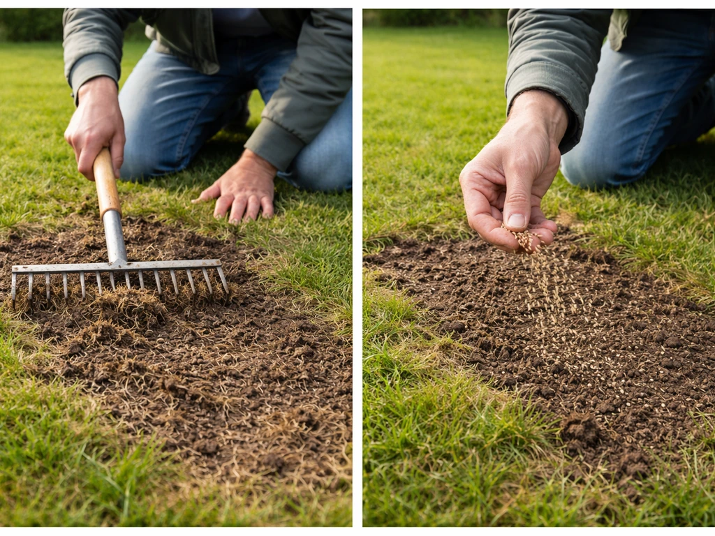 Tuinier werkt met een verticuteerhark op kale grasstroken; direct daarna graszaad wordt ingezaaid