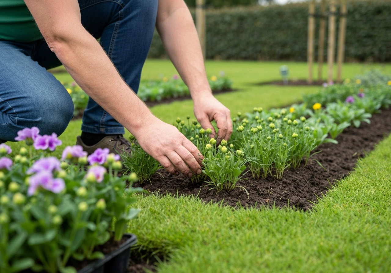 Tuinier plant bloembollen in bestaand gras met een plantboor, met geopende plantplekken tussen het gazon.