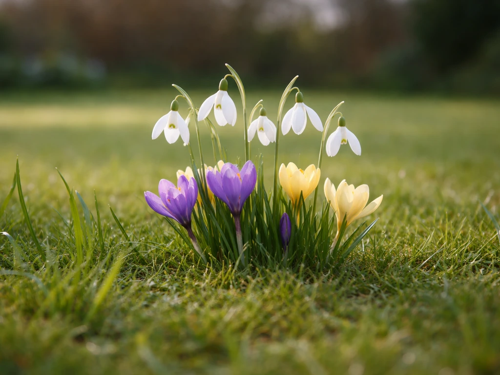 Sneeuwklokjes en krokussen die tussen het gazon opkomen, met gras en licht in een rustige tuin.