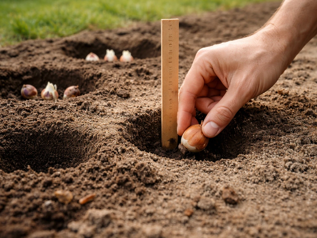 Close-up van een bloembol die geplant wordt op verschillende dieptes, met meetlat in de tuinbodem.