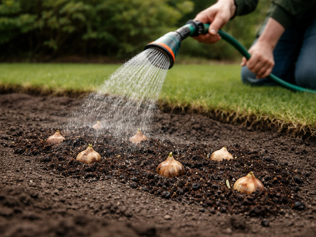 Tuinier geeft met een fijne sproeier water aan pas geplante bollen; grondverbetering rond de plek