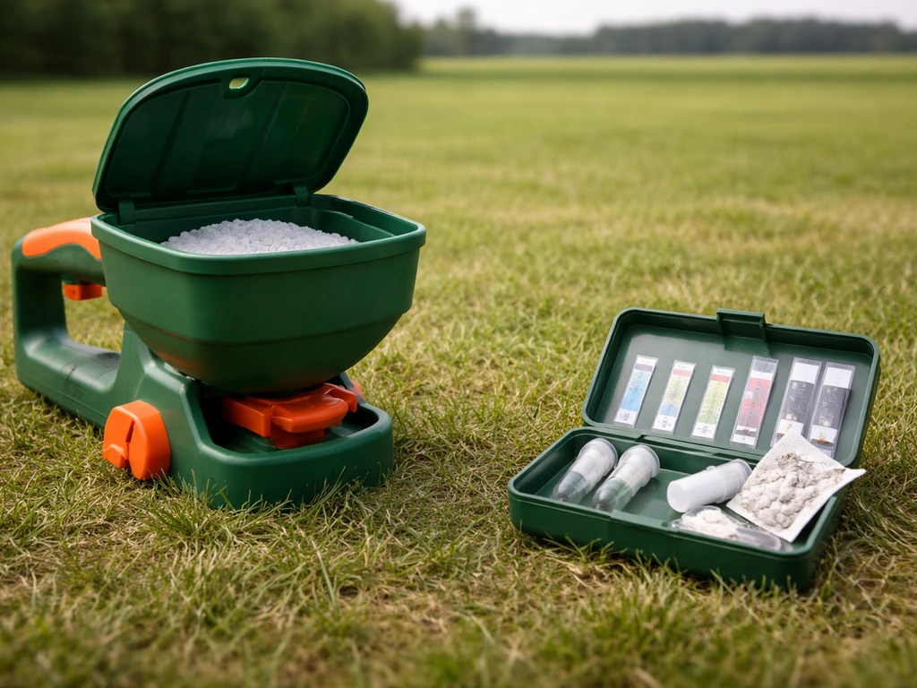 Bemestingsstrooier op gras met bodemtestkit voor pH naast elkaar, voor groener gras.