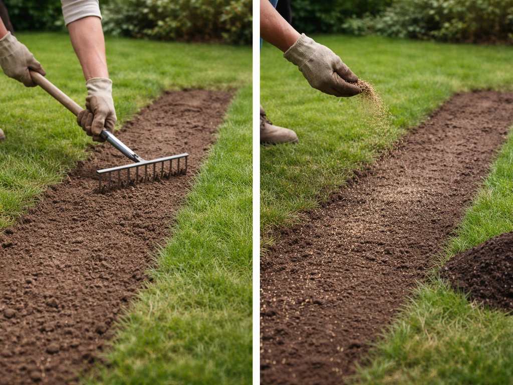 Tuinier die een kale grasstrook voorbereidt en graszaad en compost afdekt met een hark