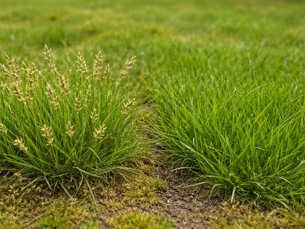 Close-up van twee grassprietzones: links zaadpluimen, rechts frisgroene niet-bloeiende bladeren.