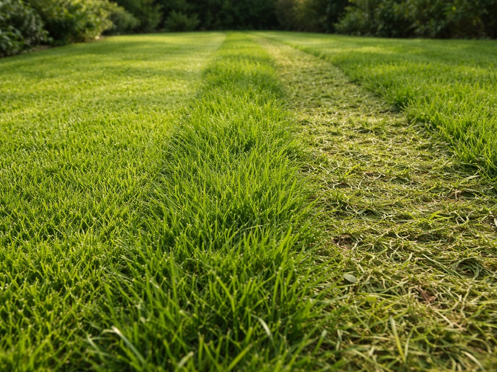 Gazon met stroken gras op verschillende lengtes (ca. 5–6 cm en korter/anders) naast elkaar.