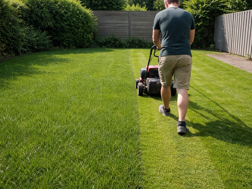 Persoon die met een grasmaaier het gazon maait, gras op 4–5 cm, verschil in afwerking zichtbaar.