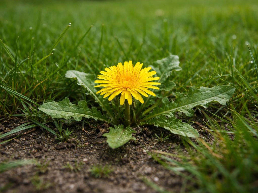Close-up van paardenbloem-onkruid tussen een dichte groene grasmat in de zomer.