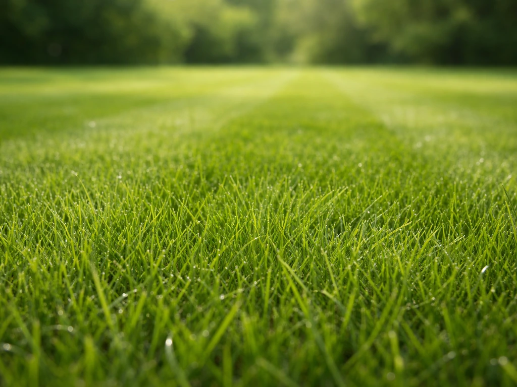 Helder groen Nederlands gazon met scherpe grassprieten en dauwdruppels in natuurlijk daglicht