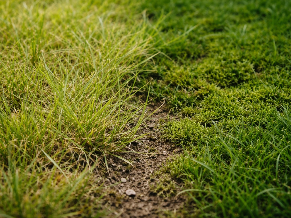 Close-up van gazon met links lichtgroen gras en rechts mosvlekken op zichtbaar bodem tussen de sprieten.