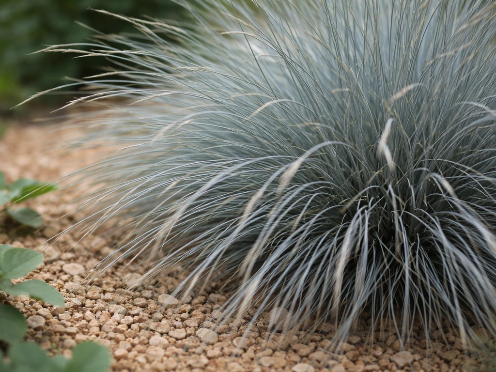 Close-up van blauwgrijs siergras in een border met koele en warme kleuraccenten.
