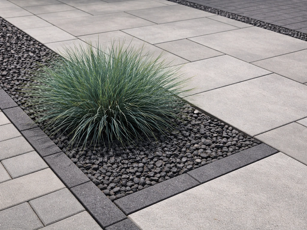 Strak detail van blauw siergras tussen zwart basalt split en witte/antraciet betonklinkers.
