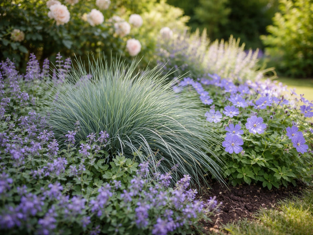 Cottage-stijl beplanting met koeleria, lavendelblauwe accenten en blauwpaars bloeiende geranium in een tuinvak.