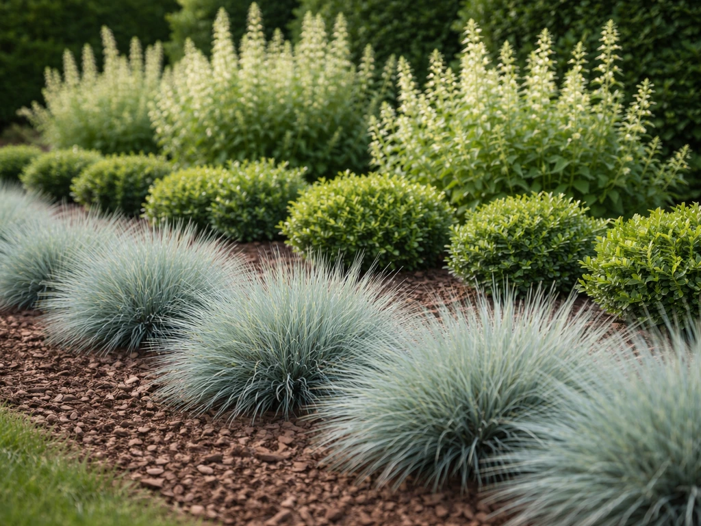 Blauwgrijze siergras-pollen in herhaling in een gelaagde tuinborder, met lagere planten vooraan en hogere structuurlijn