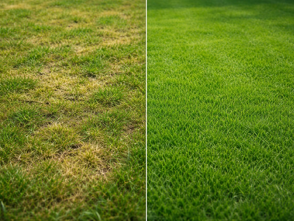 Links een mosachtig, gelig gazon en rechts een groener, egaal gazon naast elkaar in de tuin