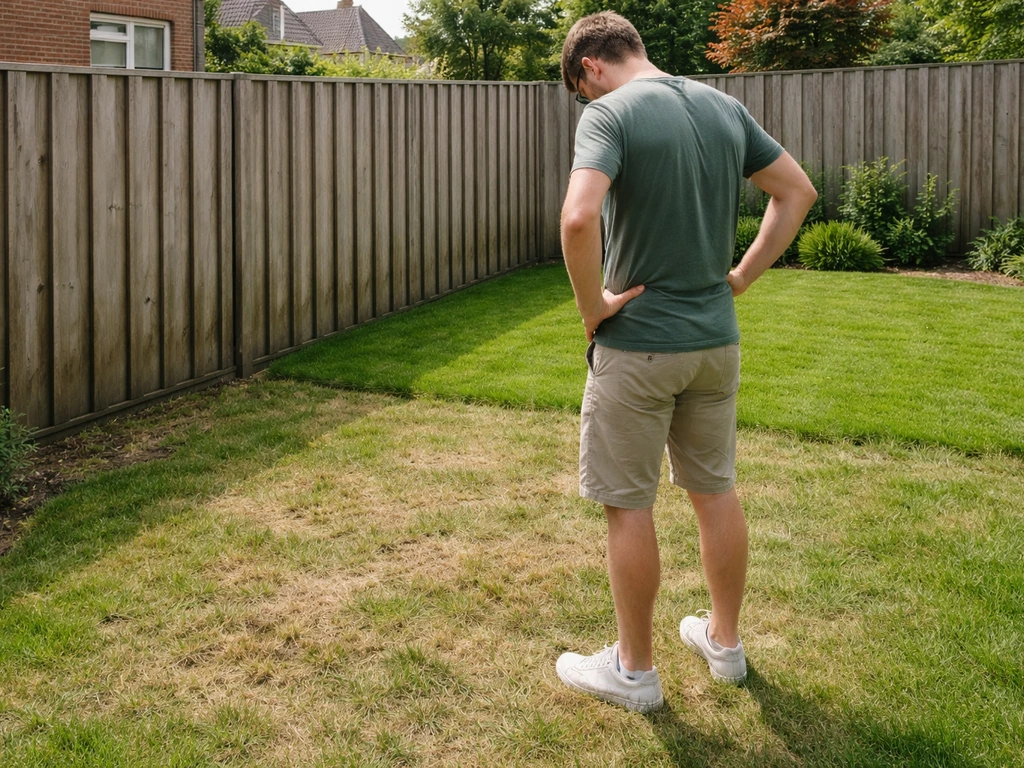 Persoon kijkt kritisch naar hun gazon, met zicht op een buur(tuin) met groener gras achter een schutting.
