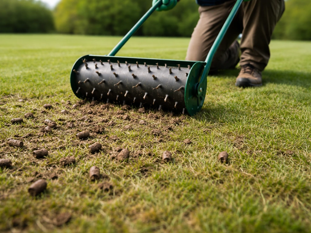 Beluchter die een verdicht deel van het gazon inprikt, met zichtbaar opgekruld gras en grond.
