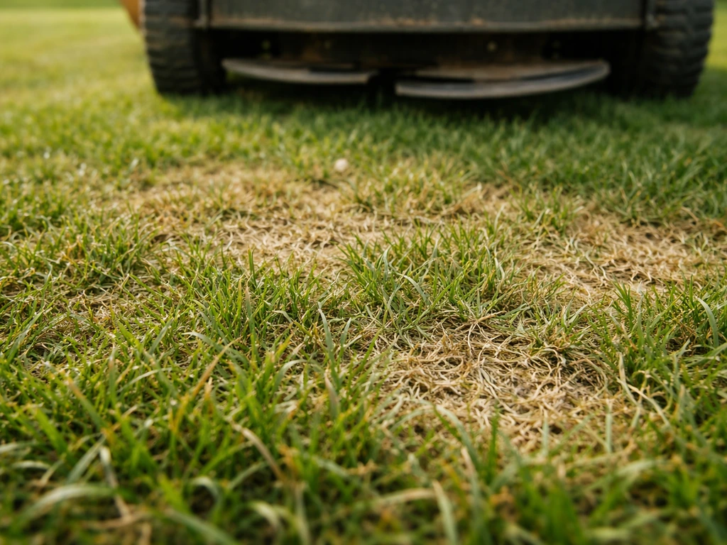 Close-up van kort gemaaid gazon met zichtbare stress/krullerige grassprieten door te lage maaihoogte