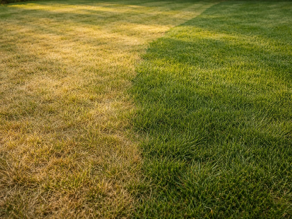 Close-up van een gazon met verschillende verkleuringszones en duidelijke patronen in het gras.