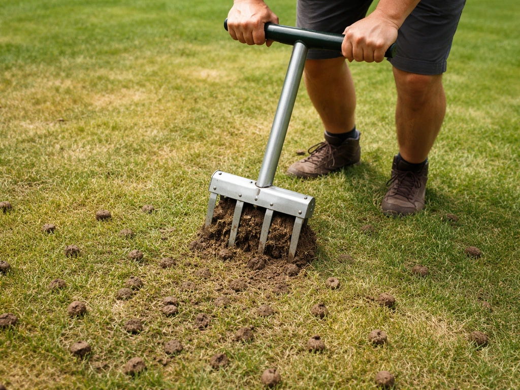 Beluchter prikt in verdicht geel gazon en haalt grondpropjes uit de bodem, met losse aarde op het gras.