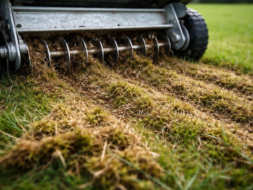 Tuinier bij een gazon dat verticuteermes of -machine viltlaag en mos loshaalt, materiaal zichtbaar op de grond.