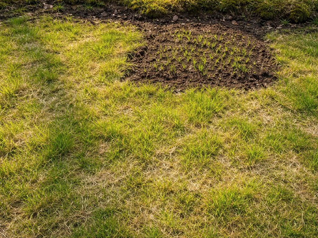 Bovenaanzicht van een voorjaarsgazon met geel gras en een open plek waar het herstel begint.