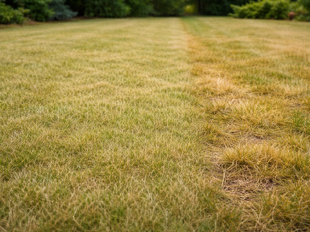 Close-up van geel gras in een gazon: gelijkmatig lichtgeel vlak met gele randplekken.