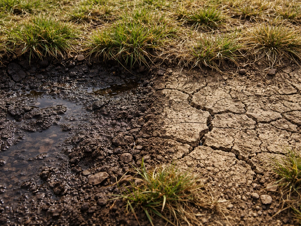 Voorjaarsovergang in het gazon: natte donkere grond met vergeelde plekken naast droge, uitgedroogde aarde.
