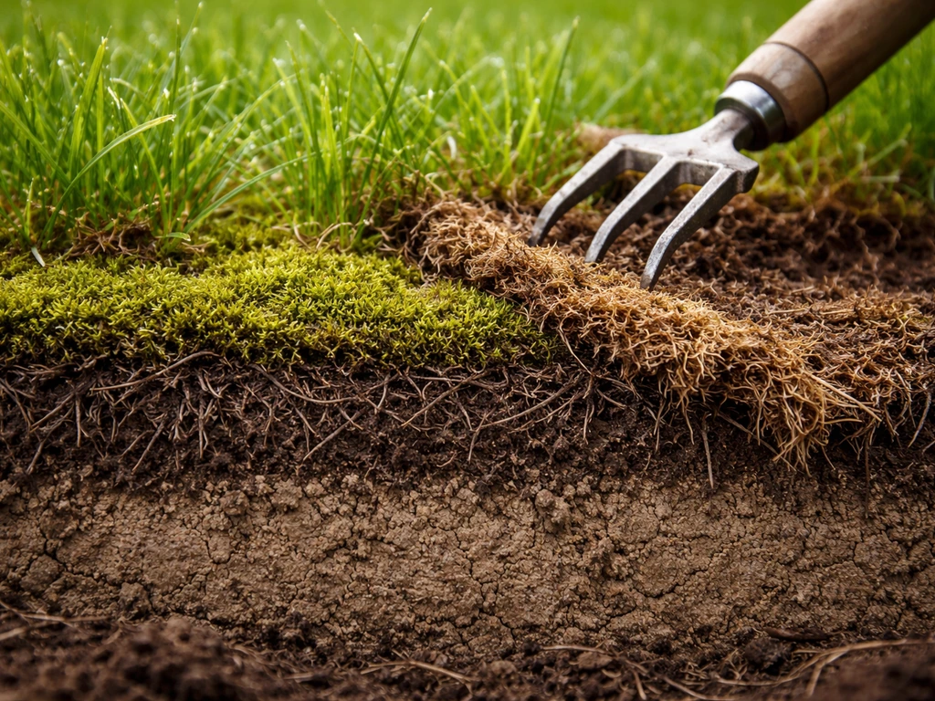 Close-up van vilt en mos tussen gras op de bodem, met een stukje vilt dat wordt weggeschraapt.