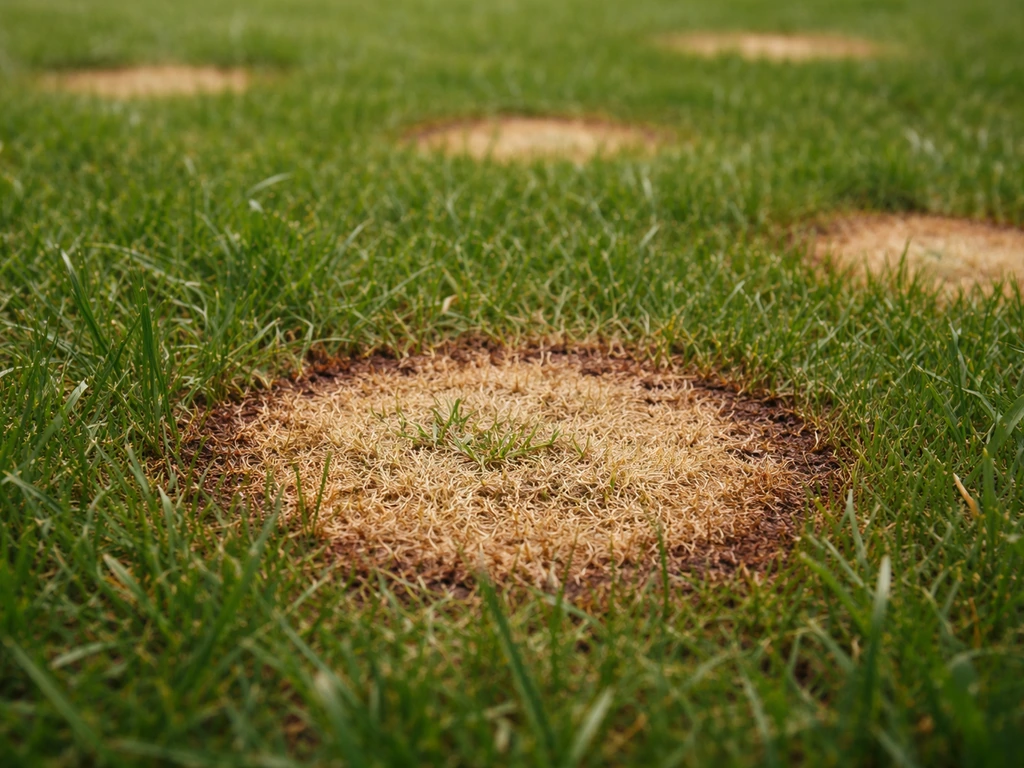 Close-up van ronde vergeelde grasplekken met donkere bruine rand, met grassprietjes rond de rand.