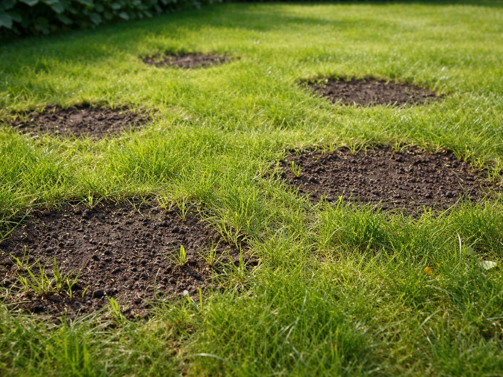 Kale plekken in een gazon met verse doorgezaaide gras sprieten die het herstel laten zien.