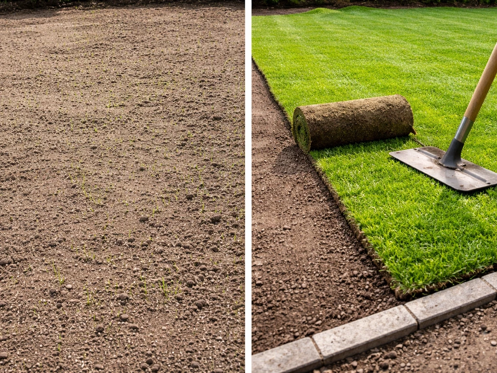 Links een ingezaaide kale plek met graszaad; rechts net gelegde graszoden die worden aangedrukt.