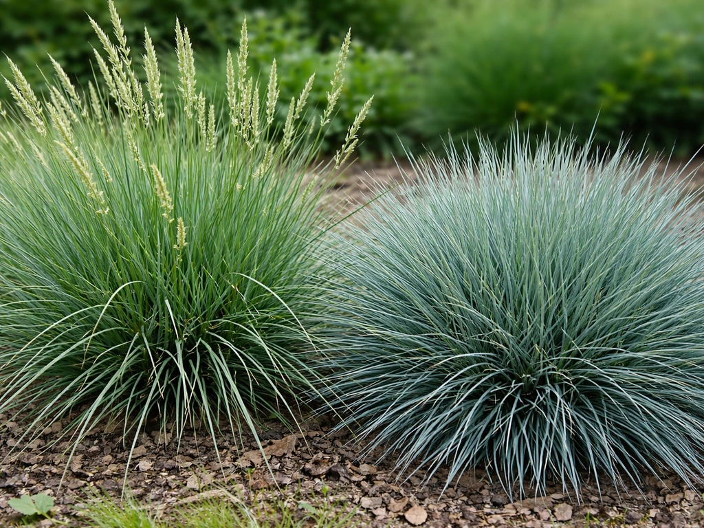 Close-up van Sesleria en Festuca blauwgras in de tuin, met zichtbare polstructuur en blauwgroene tinten.