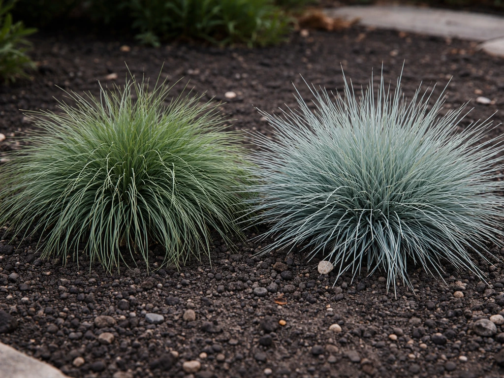 Twee verschillende blauwgroene graspolletjes naast elkaar in tuin: Sesleria links en Festuca rechts, zichtbaar bladversc