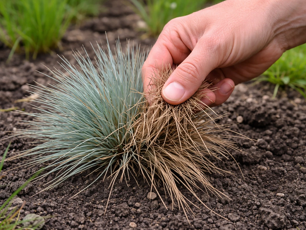 Hand trekt voorzichtig bruine bladresten uit Festuca glauca, met groene sprieten intact.