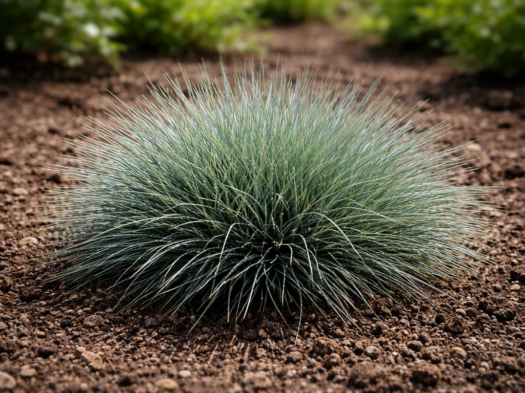 Blauw-grijze Festuca glauca pol in volle grond in een zonnige Nederlandse tuin, duidelijk zichtbaar.