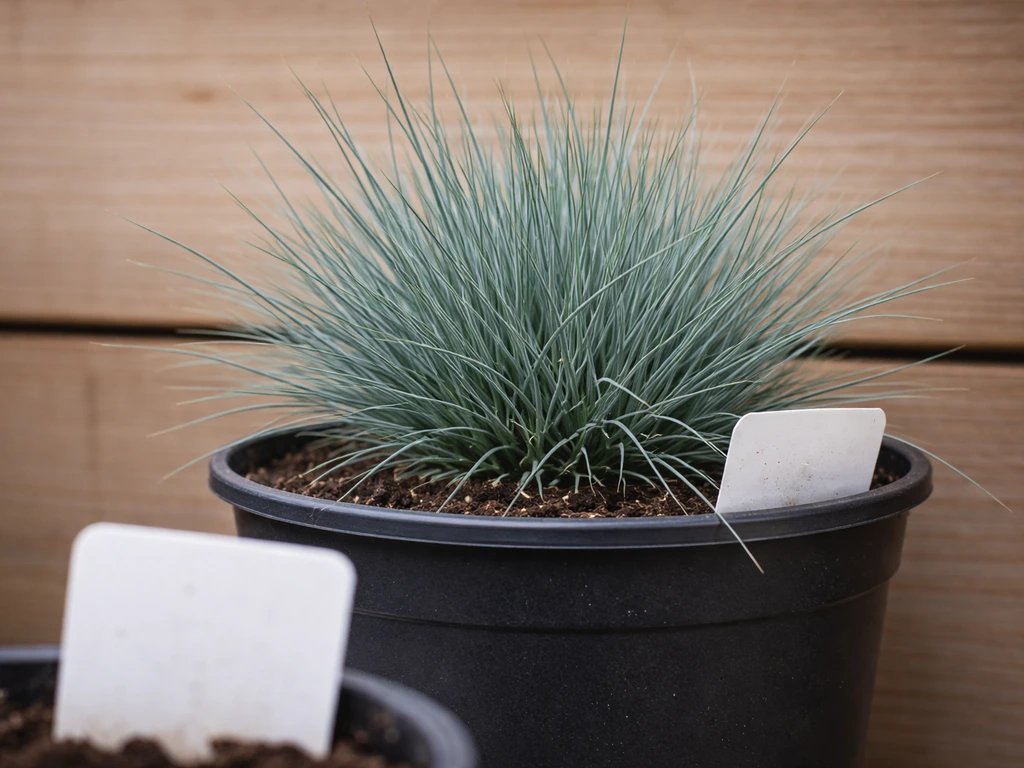Close-up van plantenlabel en Festuca glauca met blauwig blad en dichte polvorm in een tuincentrum